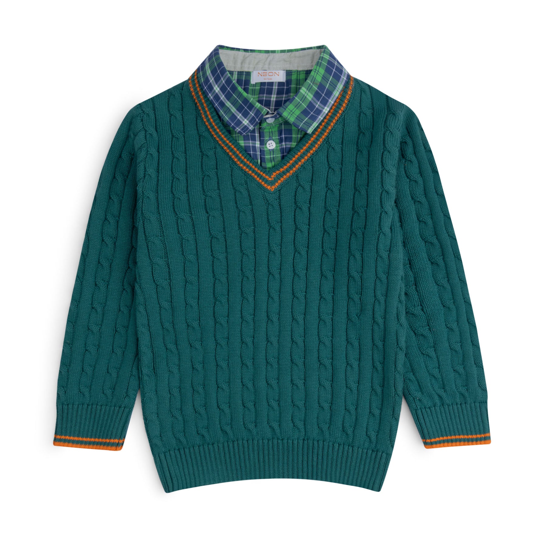 Boys teal cotton sweater featuring cable details, an attached green and navy checked shirt collar, a V-neck and contrast orange stripes.