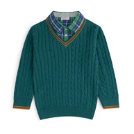 Boys teal cotton sweater featuring cable details, an attached green and navy checked shirt collar, a V-neck and contrast orange stripes.