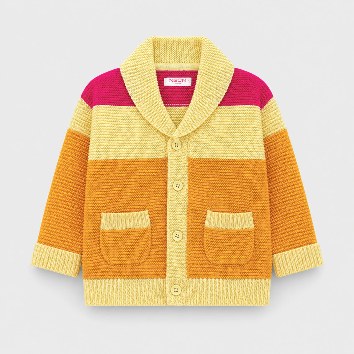 Front view of a girls color-block cardigan featuring butter-yellow, golden-orange and fuchsia-pink panels, a wide folded collar, buttons and two patch pockets.
