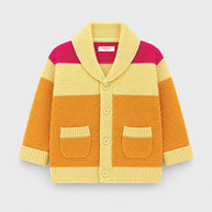 Front view of a girls color-block cardigan featuring butter-yellow, golden-orange and fuchsia-pink panels, a wide folded collar, buttons and two patch pockets.