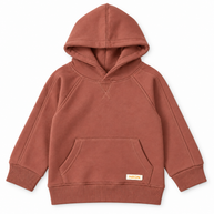Front view of boys terracotta fleece hoodie with kangaroo pocket and ribbed hem