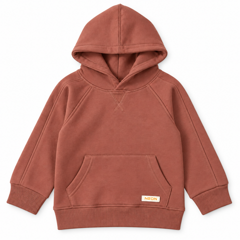 Front view of boys terracotta fleece hoodie with kangaroo pocket and ribbed hem