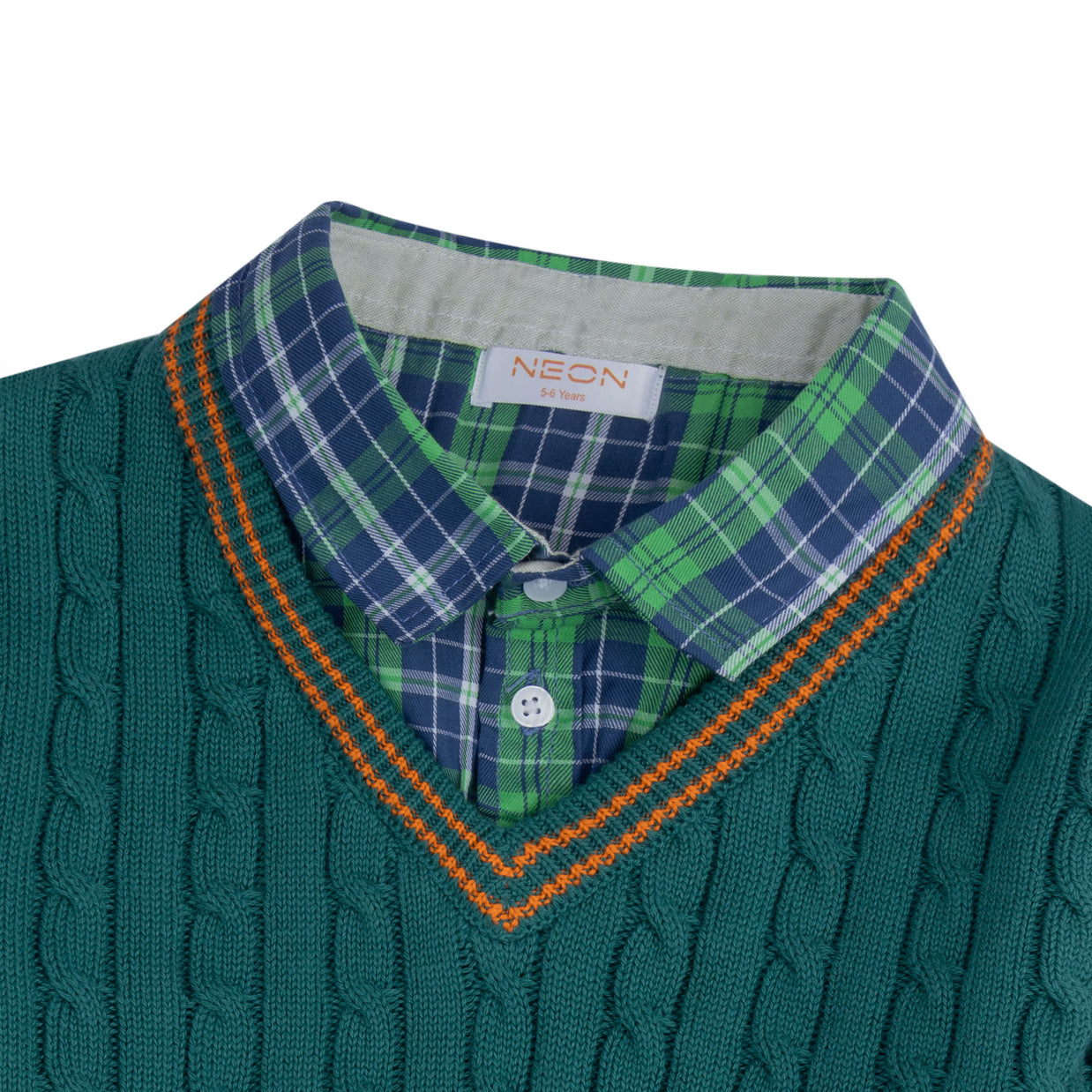 Close-up view of the attached green and navy checked shirt collar, button placket and orange-striped V-neck on the boys teal cable-detail sweater.