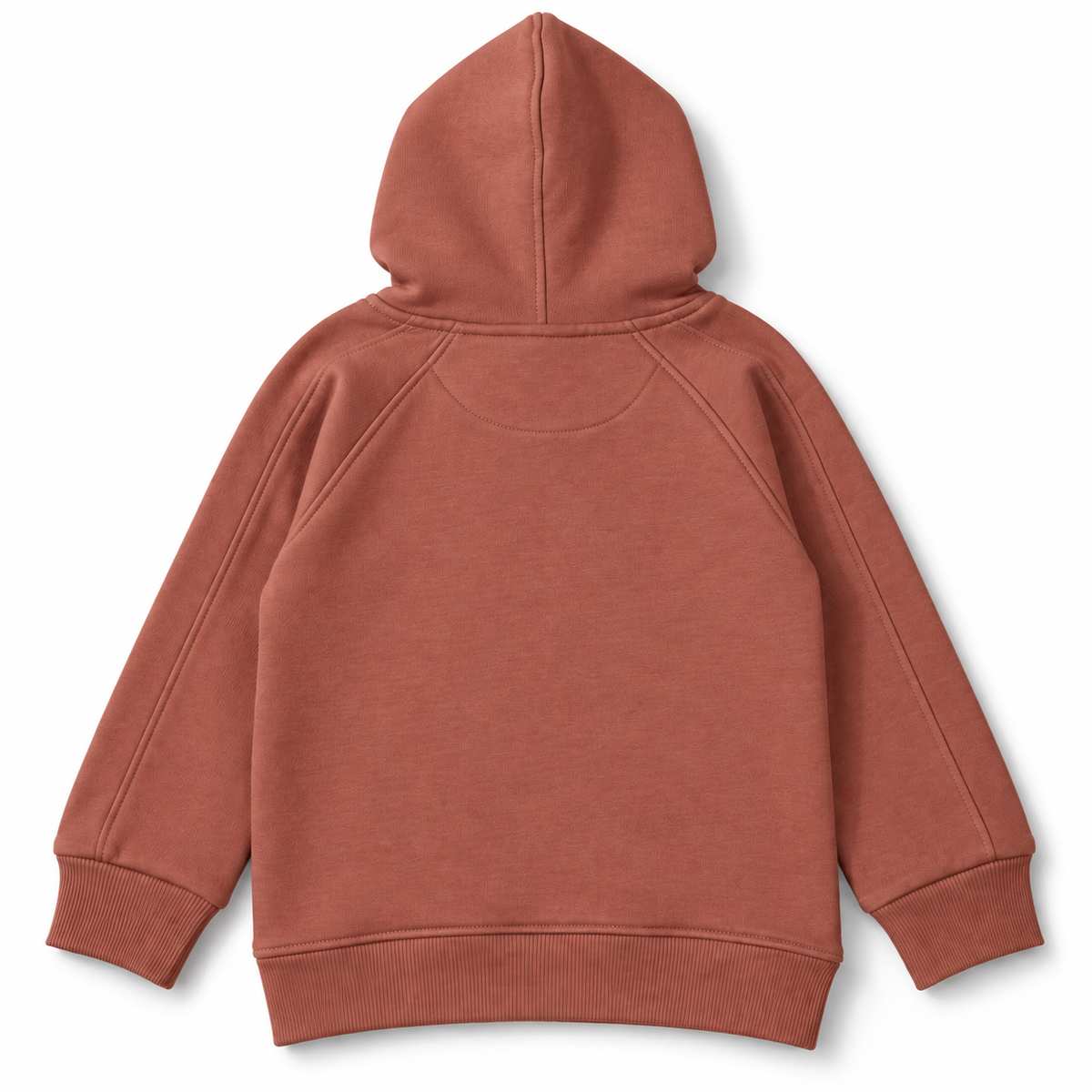 Back view of boys terracotta fleece hoodie with raglan sleeves and hood