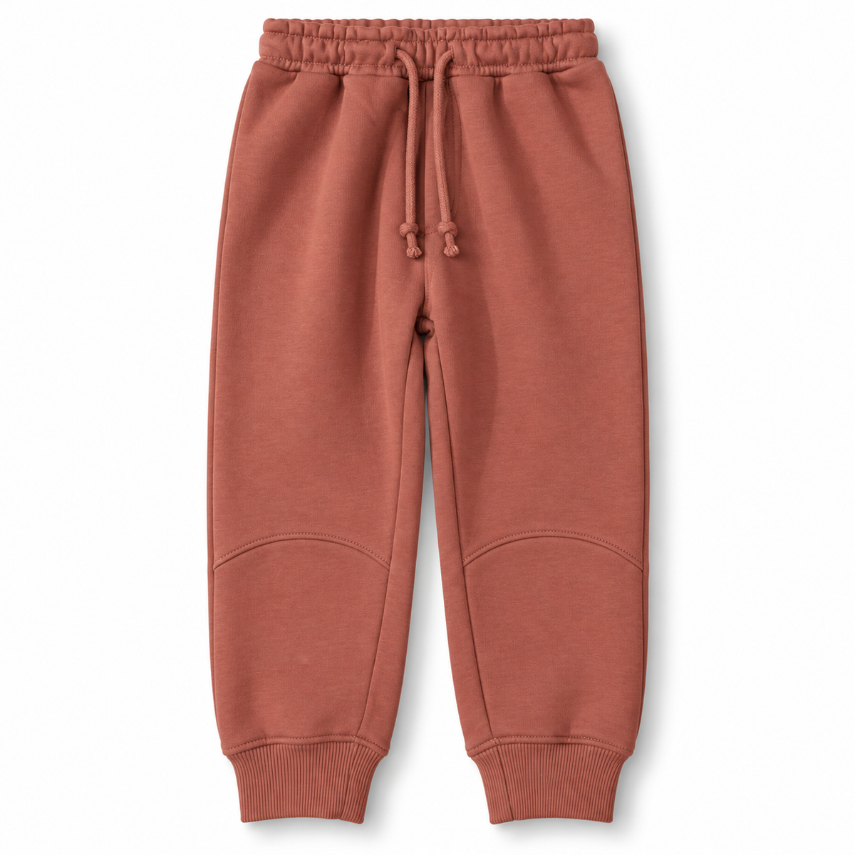 Front view of boys terracotta fleece joggers with drawstring waist and ribbed cuffs