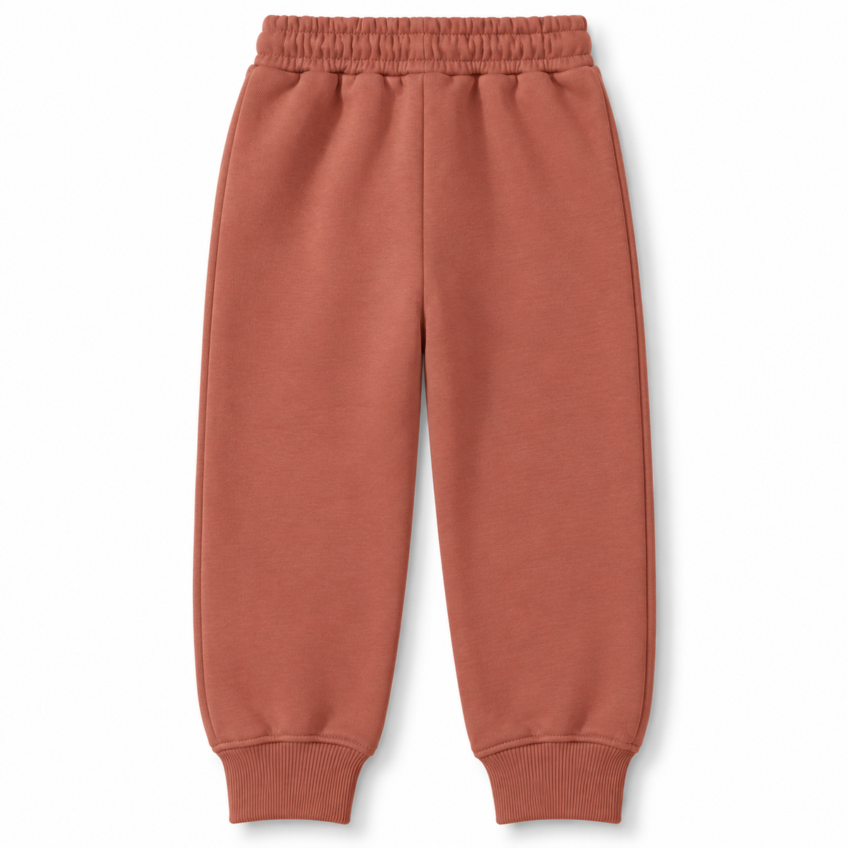 Back view of boys terracotta fleece joggers with elasticated waist and cuffed hems
