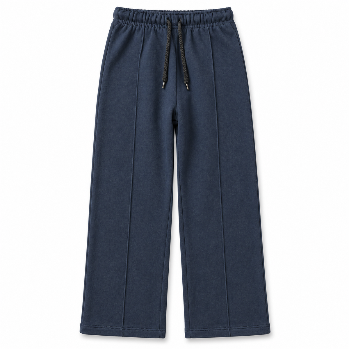 Front view of boys and girls navy blue terry trousers with straight-leg fit, front seams and black drawstring waist