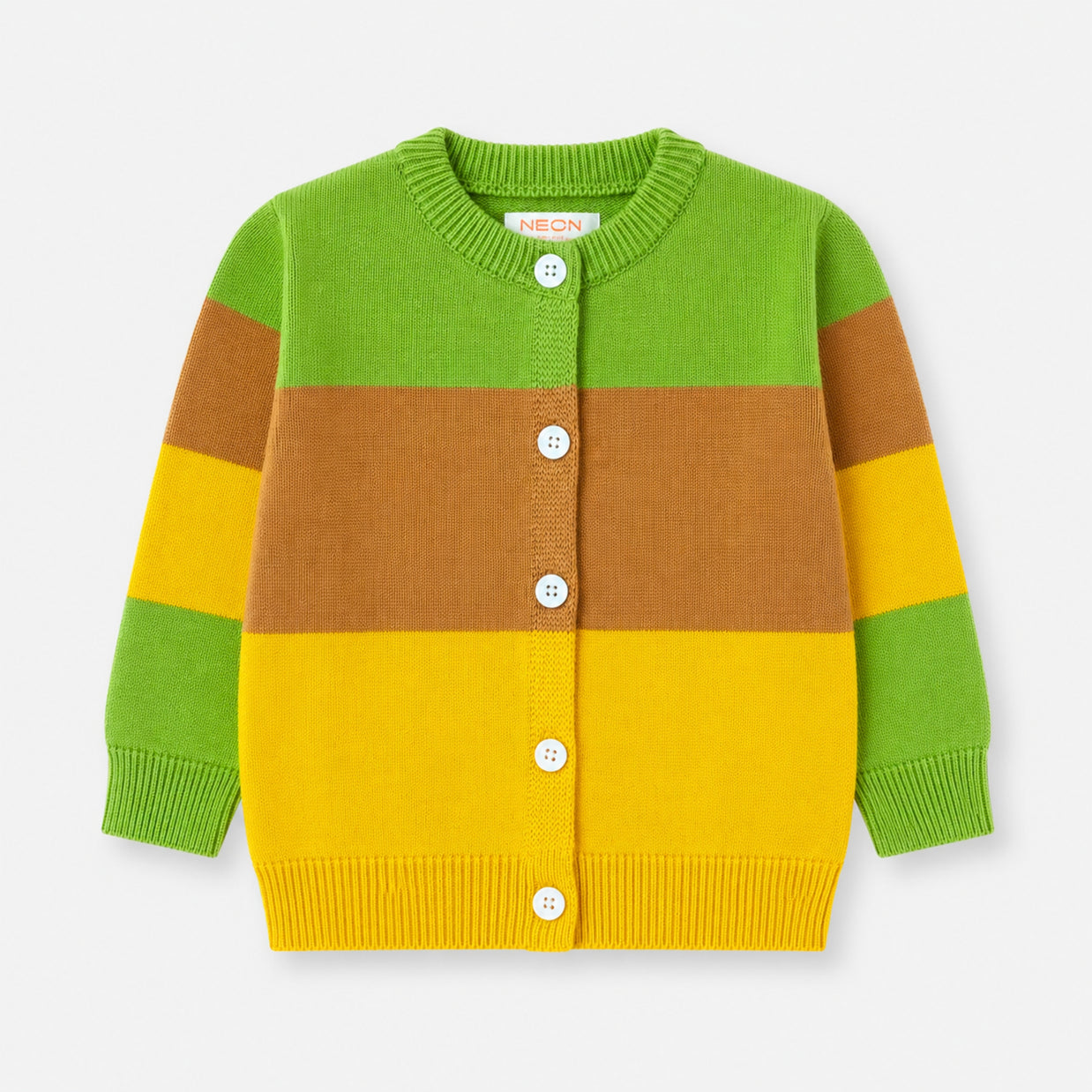 Front view of the Color Block Cotton Cardigan for girls, featuring lime green, caramel brown and bright yellow panels with white buttons and ribbed finishes.