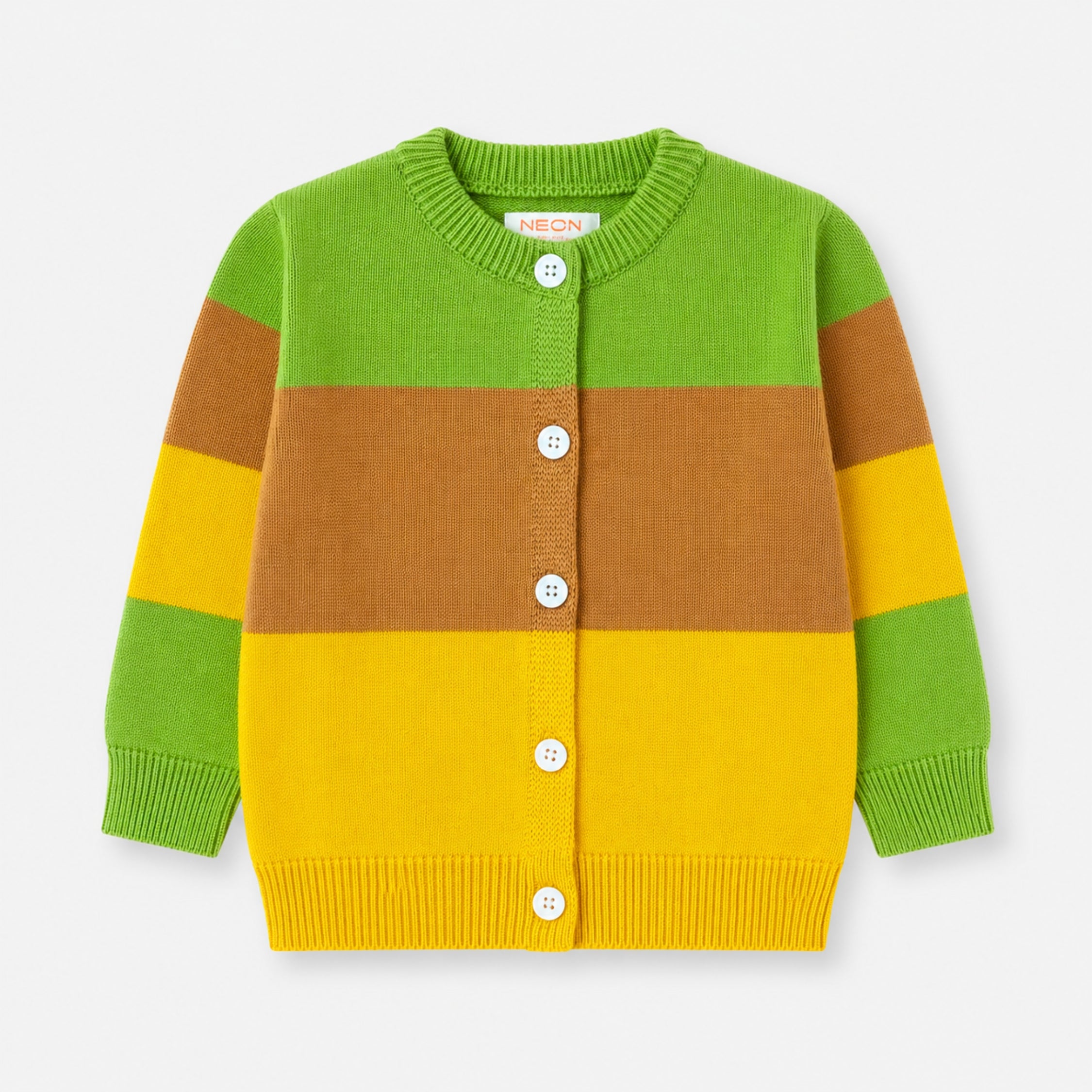 Front view of the Color Block Cotton Cardigan for girls, featuring lime green, caramel brown and bright yellow panels with white buttons and ribbed finishes.