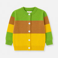 Front view of the Color Block Cotton Cardigan for girls, featuring lime green, caramel brown and bright yellow panels with white buttons and ribbed finishes.