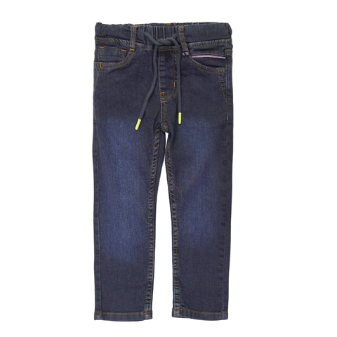 Dark indigo denim for kids with a slim fit, elasticated waist, drawstring, five-pocket design and neon yellow tips.