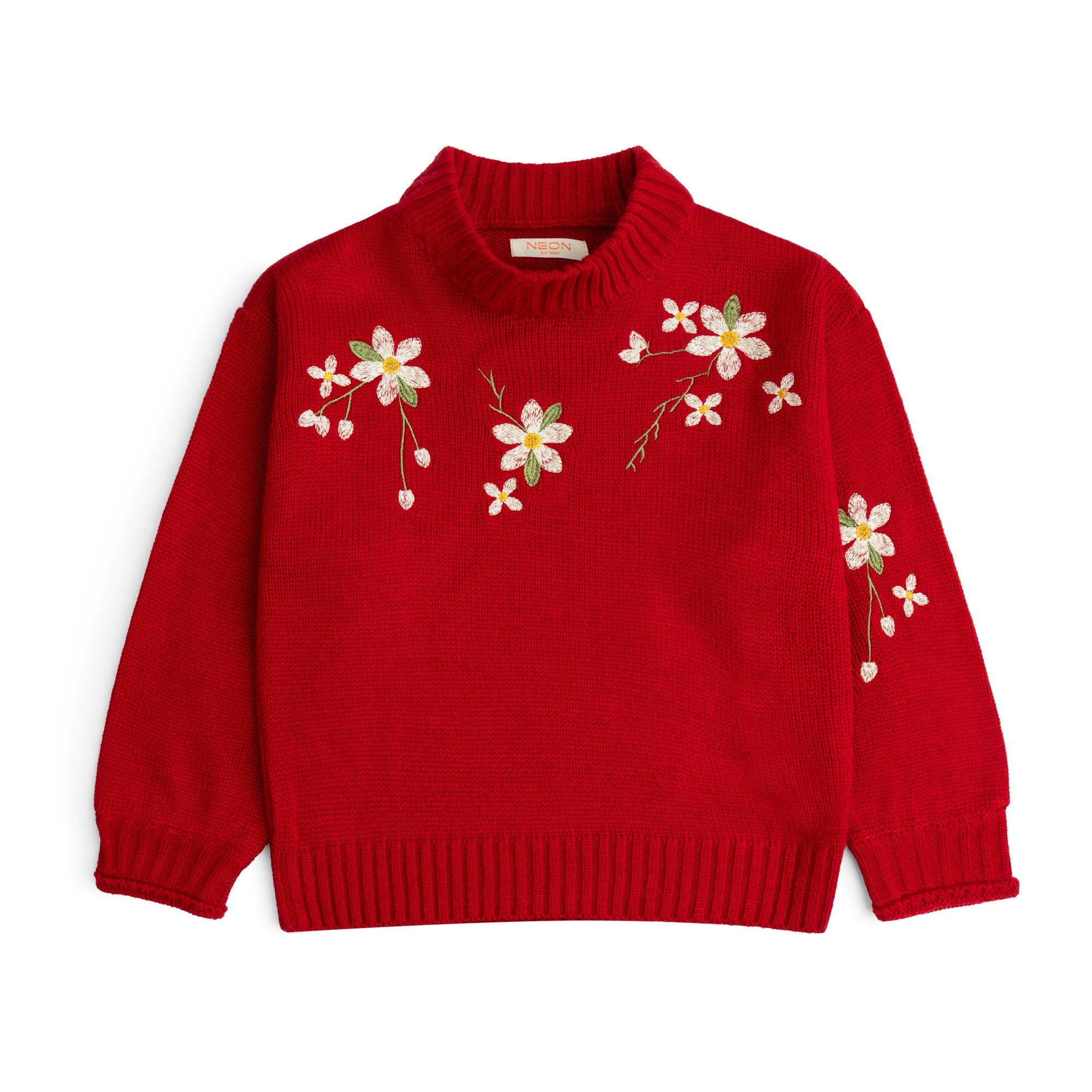 Girls red acrylic sweater featuring floral embroidery across the front and sleeve, a folded mock neck, long sleeves and ribbed edges.