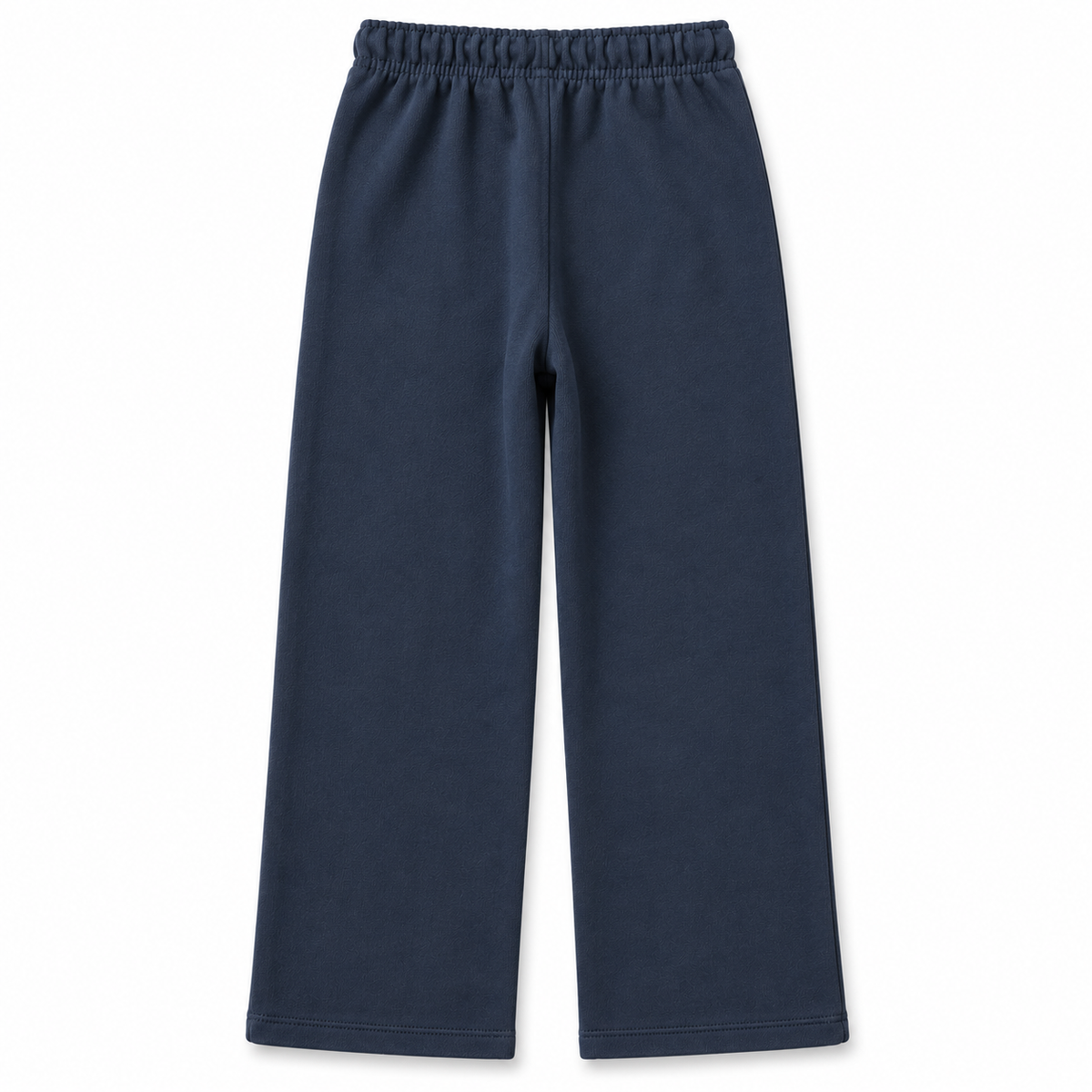 Back view of boys and girls navy blue terry straight-leg trousers with elasticated waistband