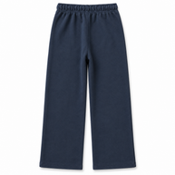 Back view of boys and girls navy blue terry straight-leg trousers with elasticated waistband