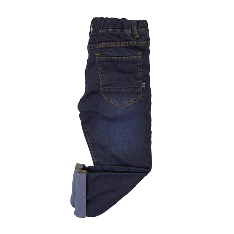 Back view of the kids dark indigo drawstring denim showing the back pocket, cuffed hem and contrast stitching.