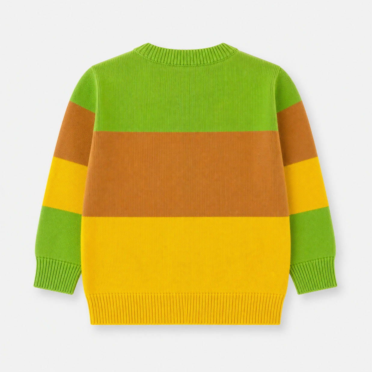 Back view of the girls Color Block Cotton Cardigan, displaying horizontal lime green, caramel brown and bright yellow sections with long sleeves.