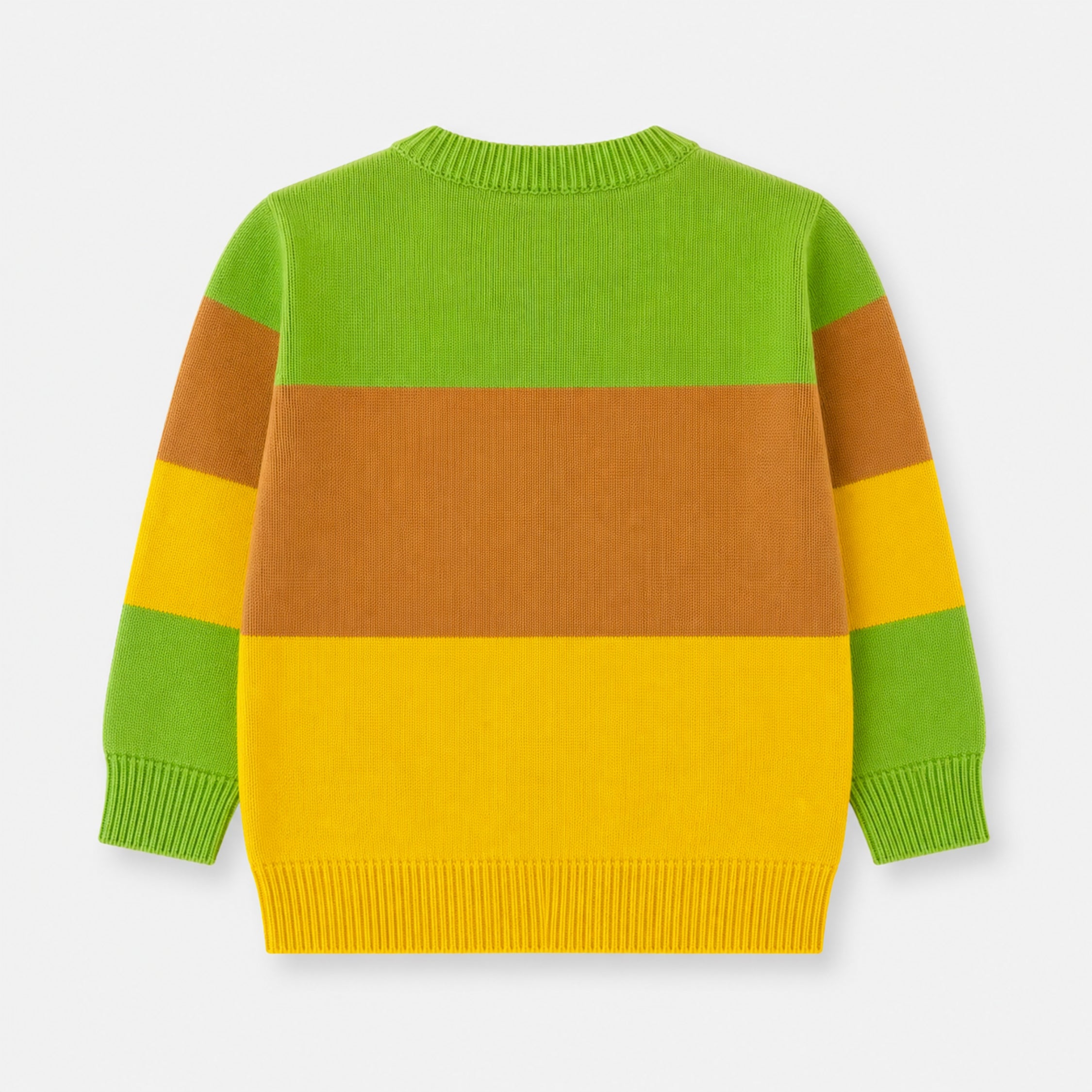 Back view of the girls Color Block Cotton Cardigan, displaying horizontal lime green, caramel brown and bright yellow sections with long sleeves.