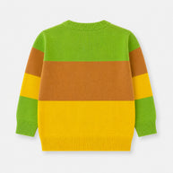 Back view of the girls Color Block Cotton Cardigan, displaying horizontal lime green, caramel brown and bright yellow sections with long sleeves.