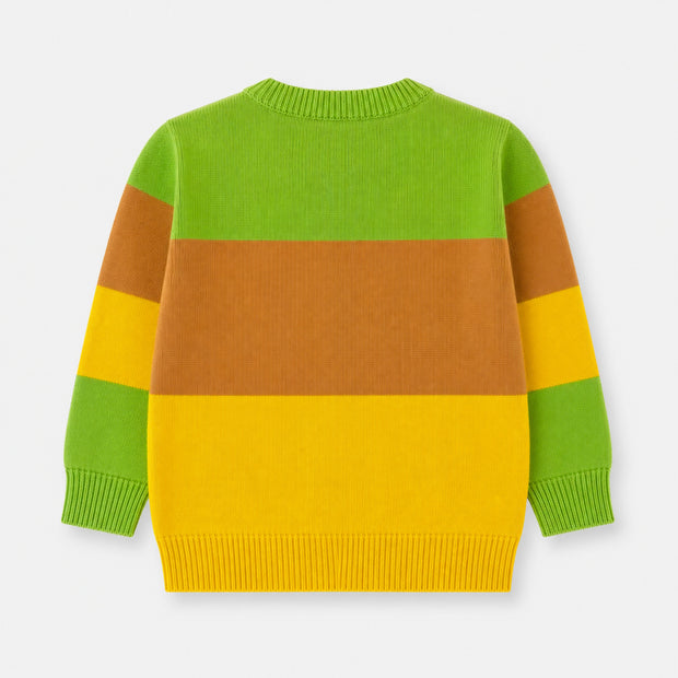 Back view of the girls Color Block Cotton Cardigan, displaying horizontal lime green, caramel brown and bright yellow sections with long sleeves.