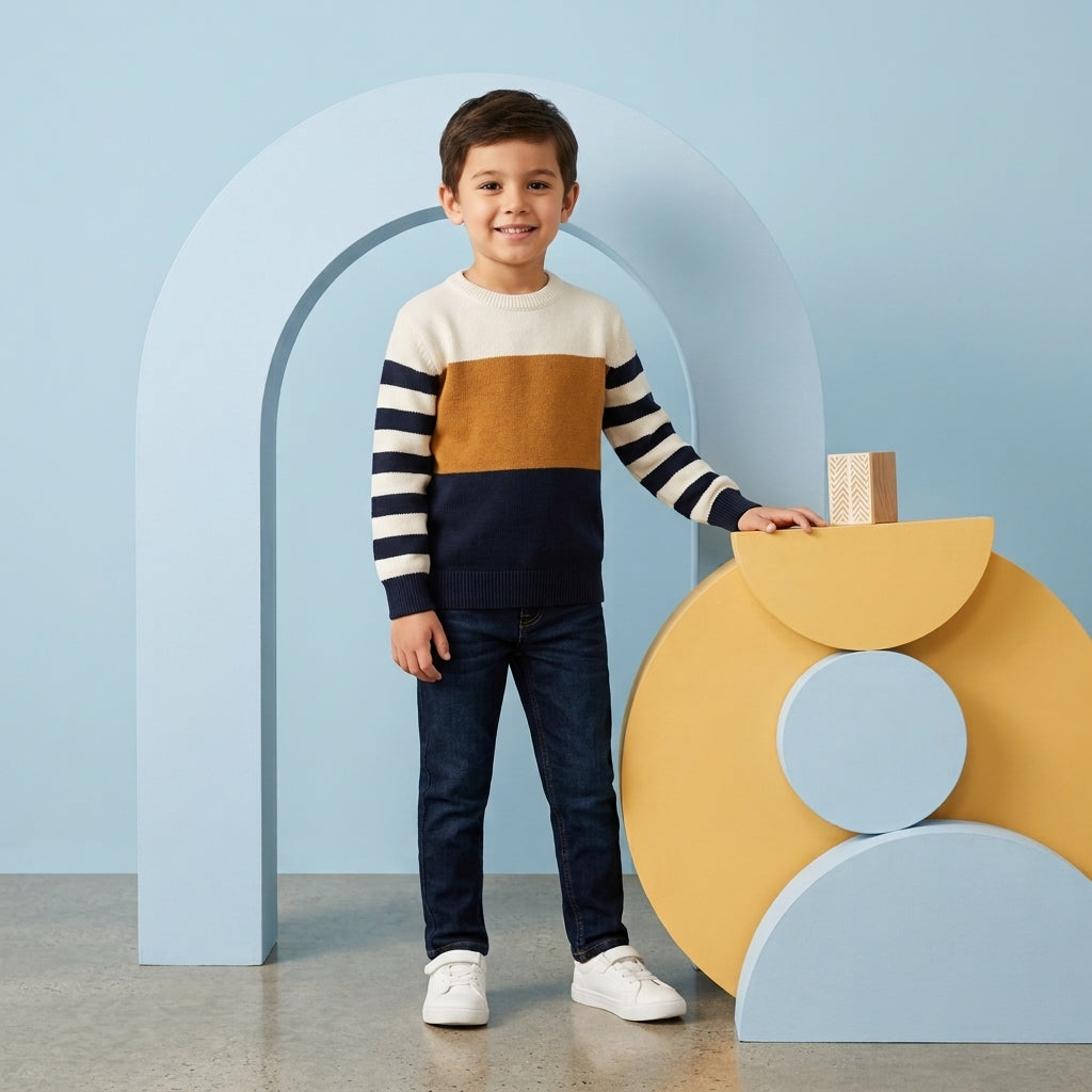 Smiling young boy wearing a white, brown and navy color-block sweater with striped sleeves, paired with dark-wash denim.