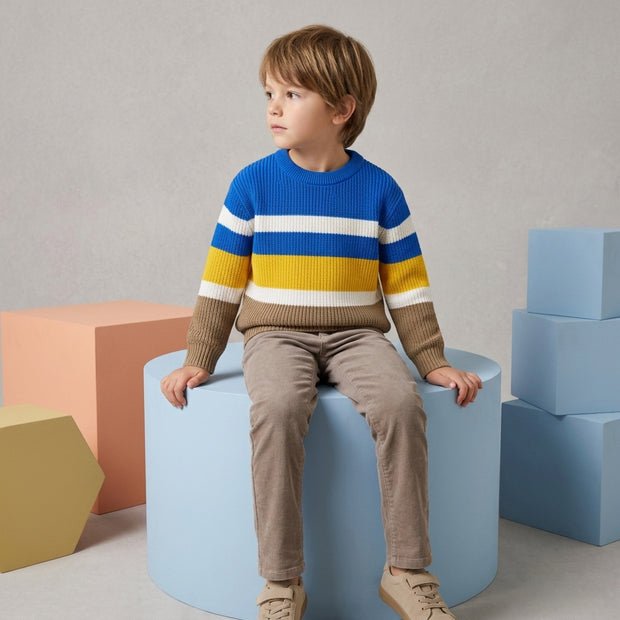 Young boy wearing a blue, yellow, white and brown striped sweater paired with brown trousers.