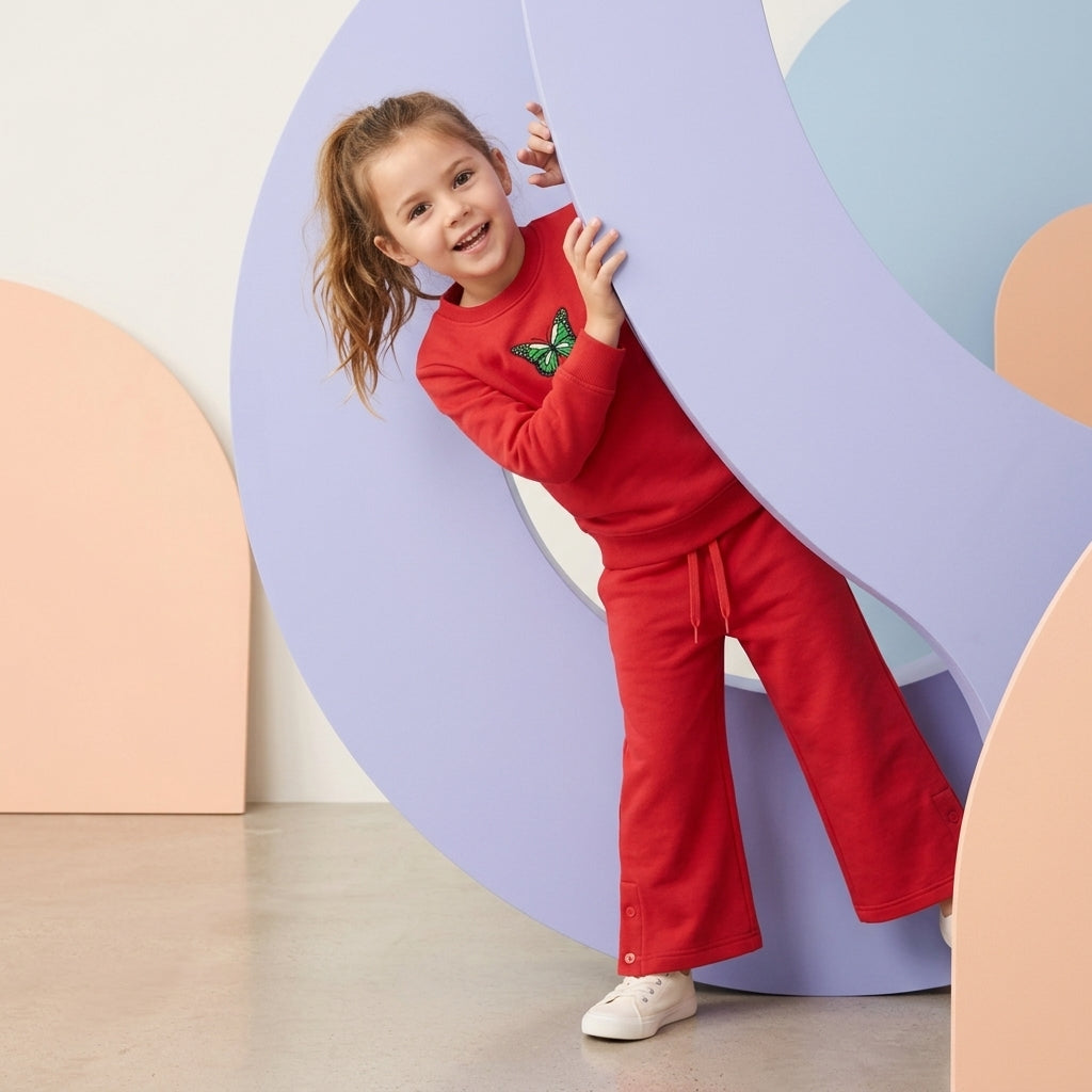 Girl wearing a red Butterfly Fleece Co-ord Set featuring a green butterfly graphic sweatshirt and matching flared trousers.