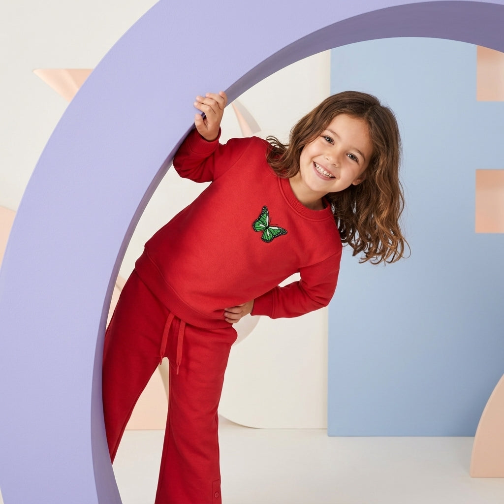 Smiling young girl wearing a red Butterfly Fleece Co-ord Set with a green butterfly graphic and matching flared trousers.