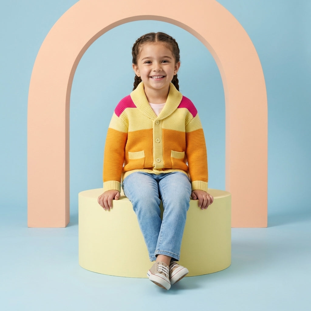 Smiling young girl wearing a multicolor button-down cardigan with a wide collar and front pockets, paired with light-wash denim.