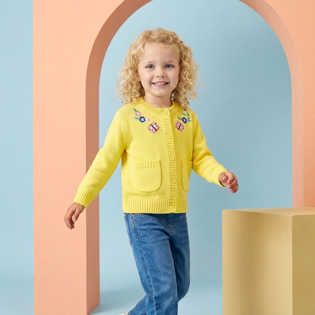 Smiling young girl wearing a yellow embroidered cardigan with front pockets, paired with blue denim.