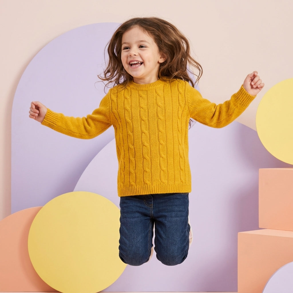 Young girl wearing a mustard cable-pattern sweater paired with dark-wash denim.