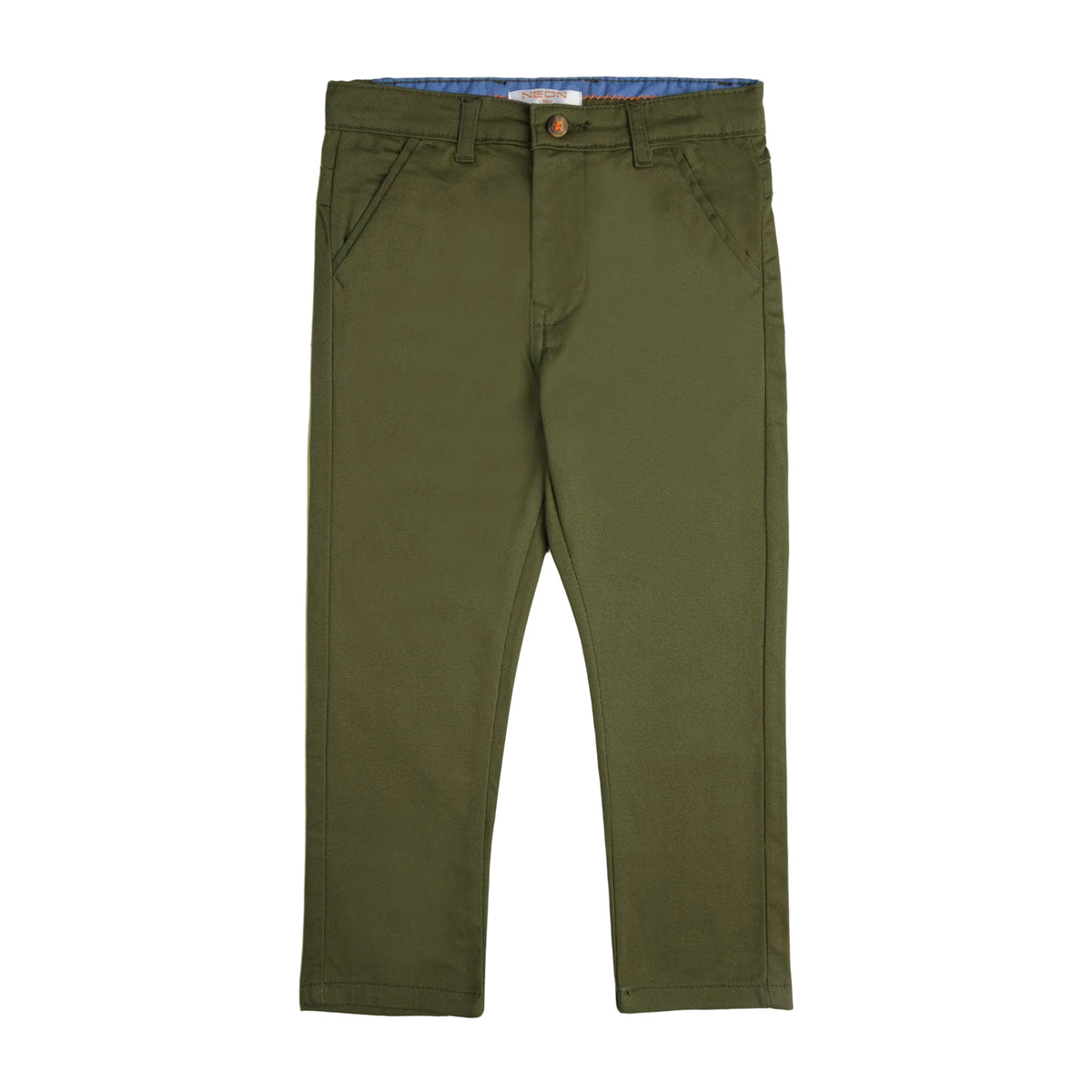 Olive green regular fit twill pants for kids with button fastening, belt loops, slanted front pockets and straight-leg design.