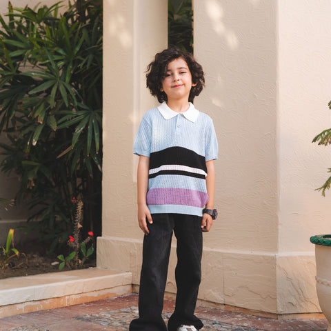 Color Block Crocheted Knit Polo