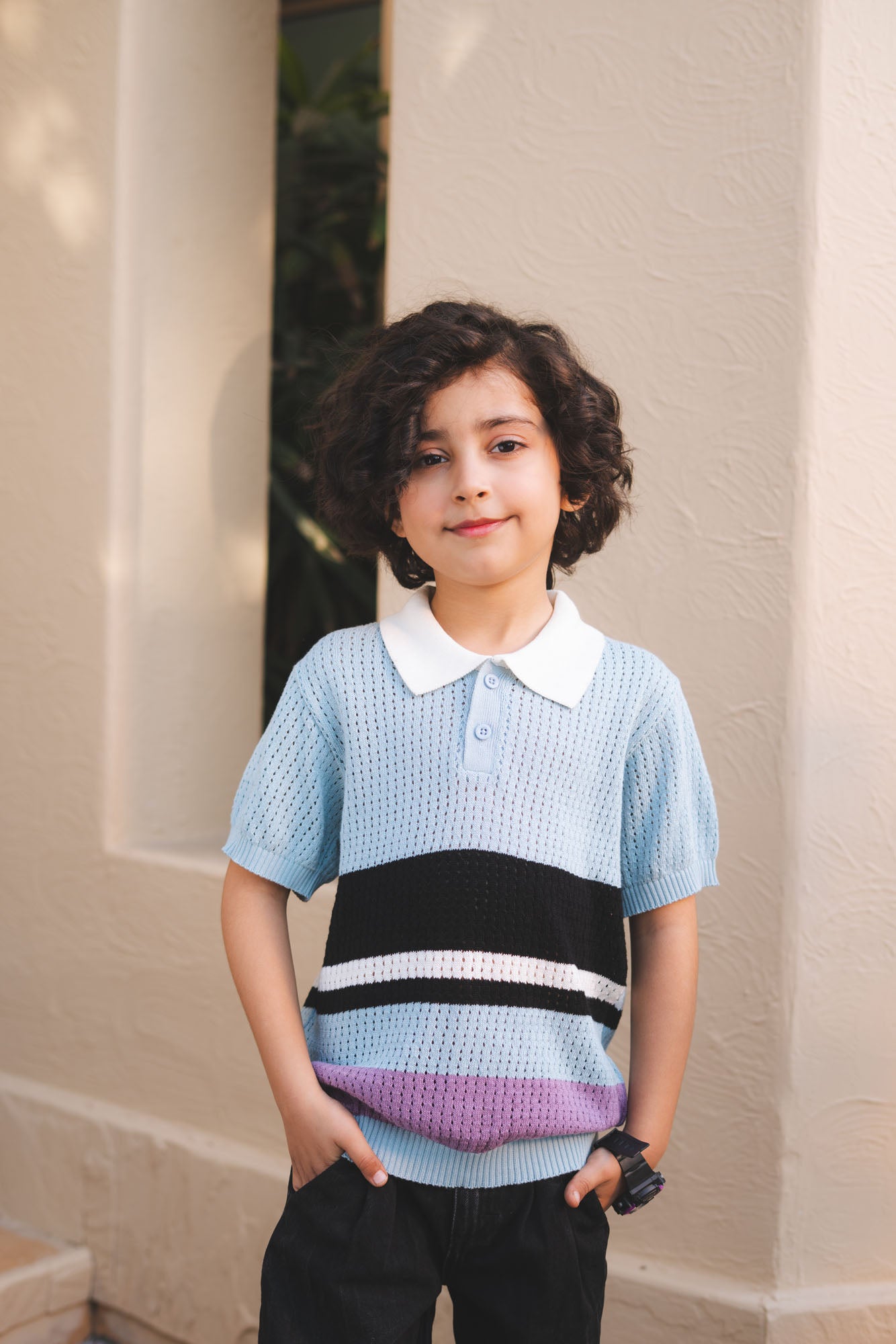 Color Block Crocheted Knit Polo