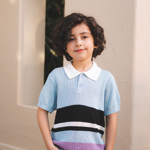 Color Block Crocheted Knit Polo