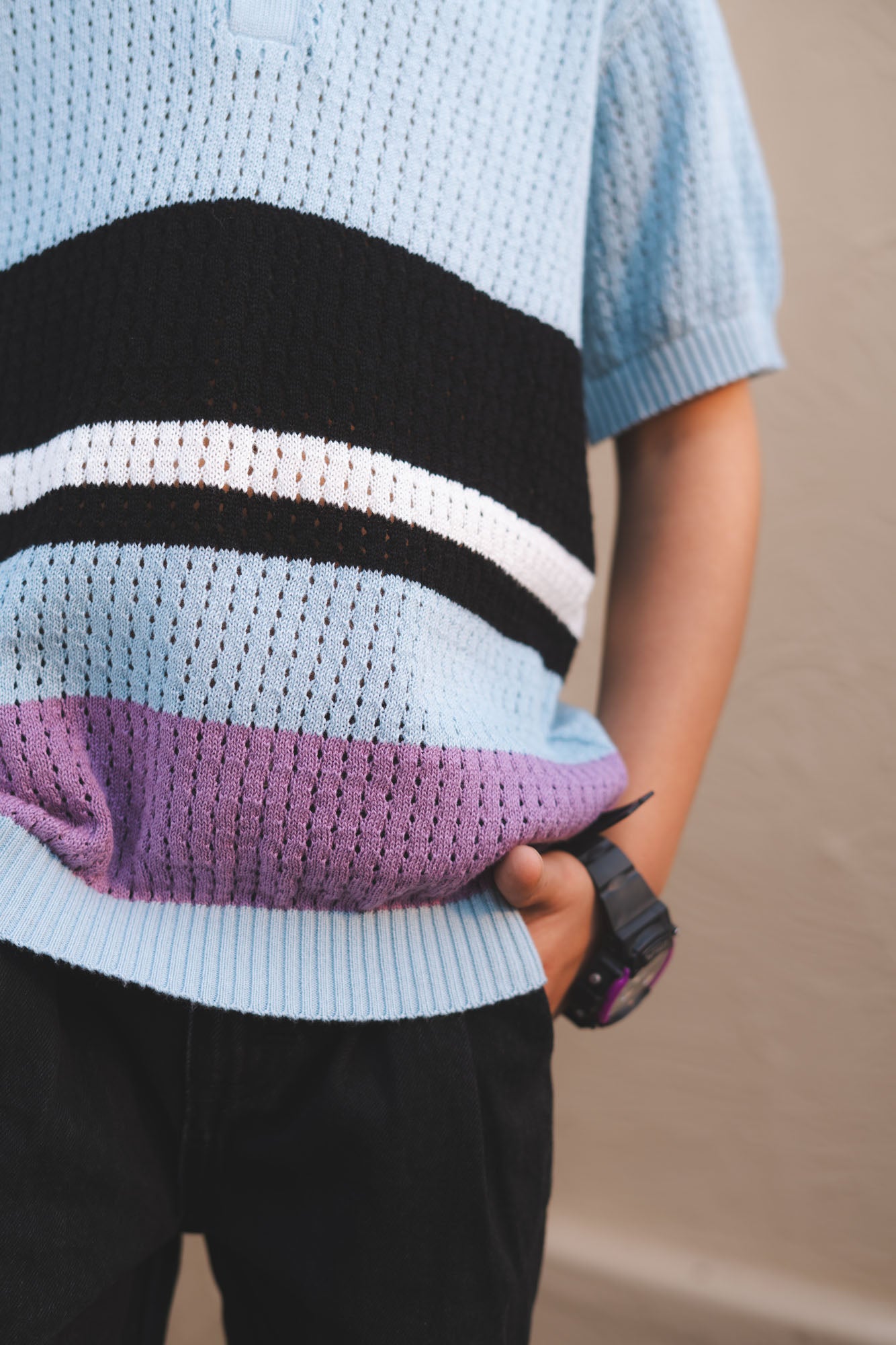 Color Block Crocheted Knit Polo