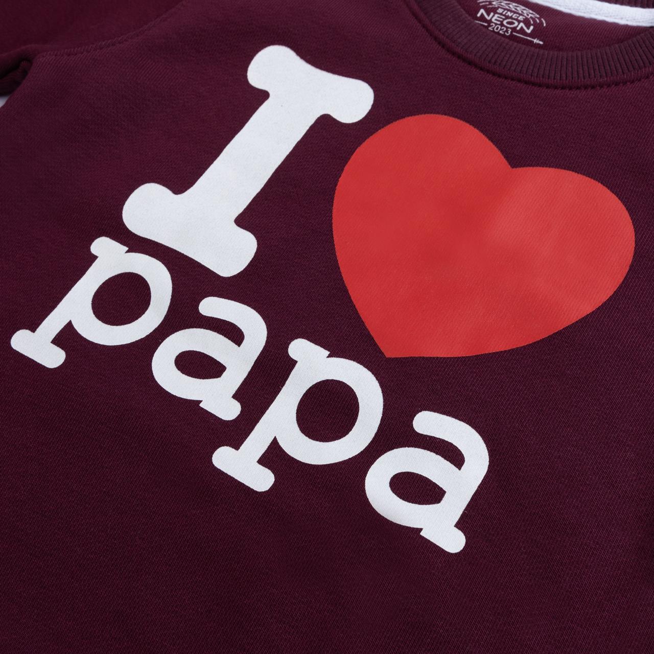 Close-up of I Love Papa graphic on burgundy fleece sweatshirt
