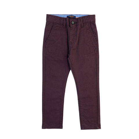 Dark plum regular fit twill pants for kids with button fastening, belt loops, slanted front pockets and straight-leg design.